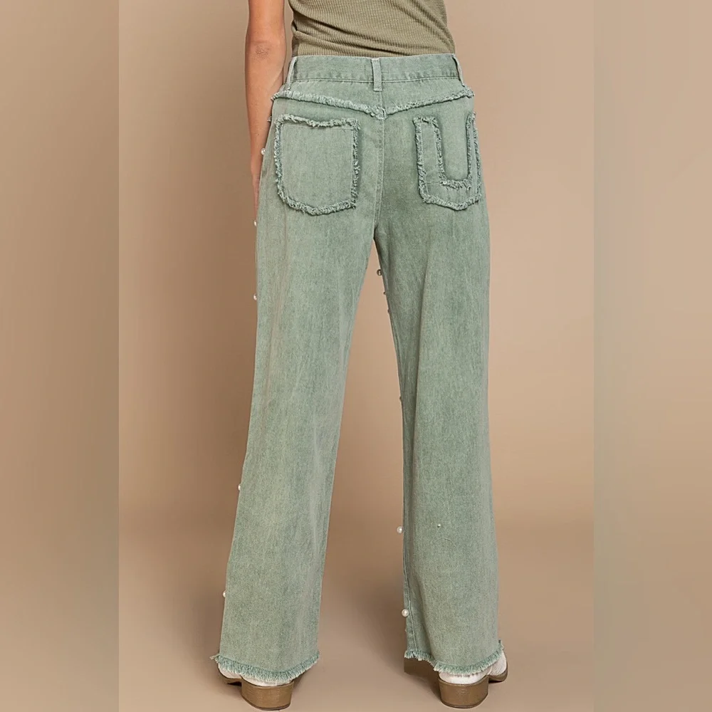 POL Sage Green Beaded Distressed Raw Hem Straight Leg Denim - Picture 2 of 5